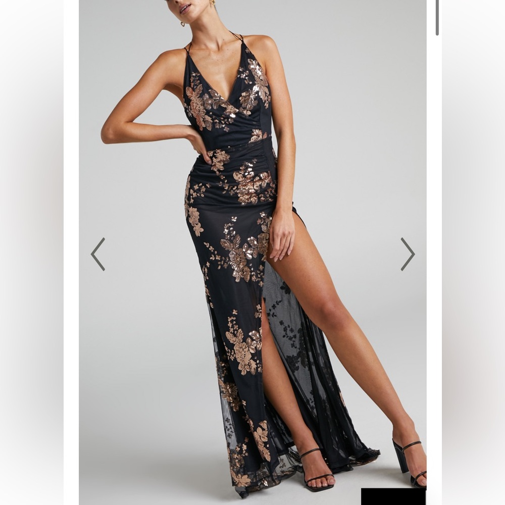 Showpo Black and Gold Sequined Formal Dress